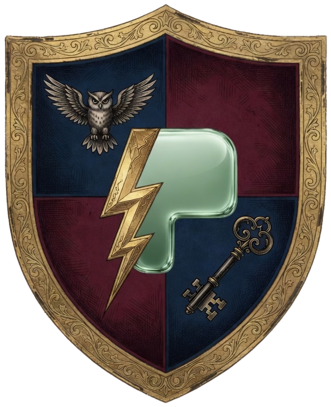 Hybrid crest: Hogwarts-adjacent shield with the official Pons glass P; its left stem is a gold lightning-bolt scar. Owl and locked key in the remaining quarters.