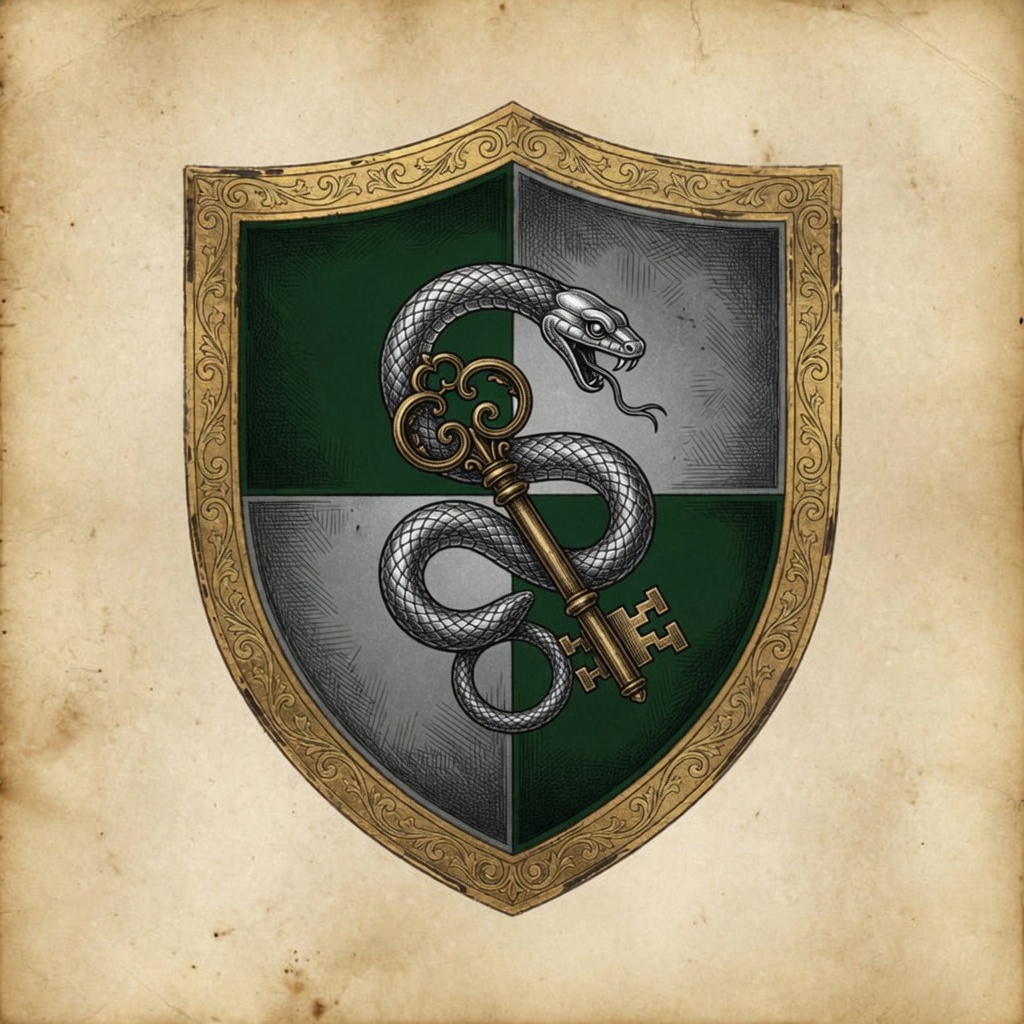 Heraldic crest: a silver serpent coiled around an antique key on green and pewter. Ambition Without Custody.