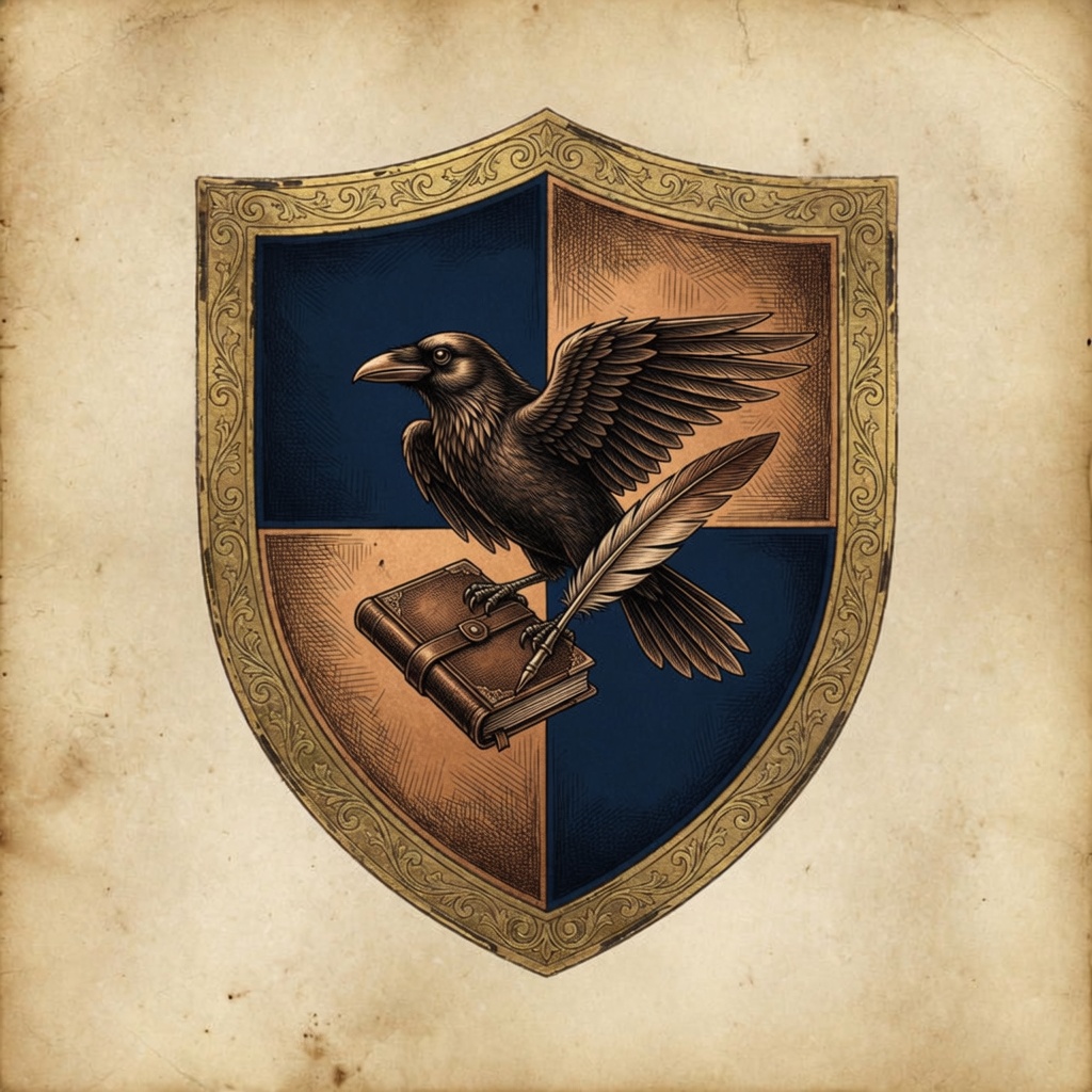 Heraldic crest: a raven with a ledger and quill on ink-blue and bronze. Code That Keeps Receipts.