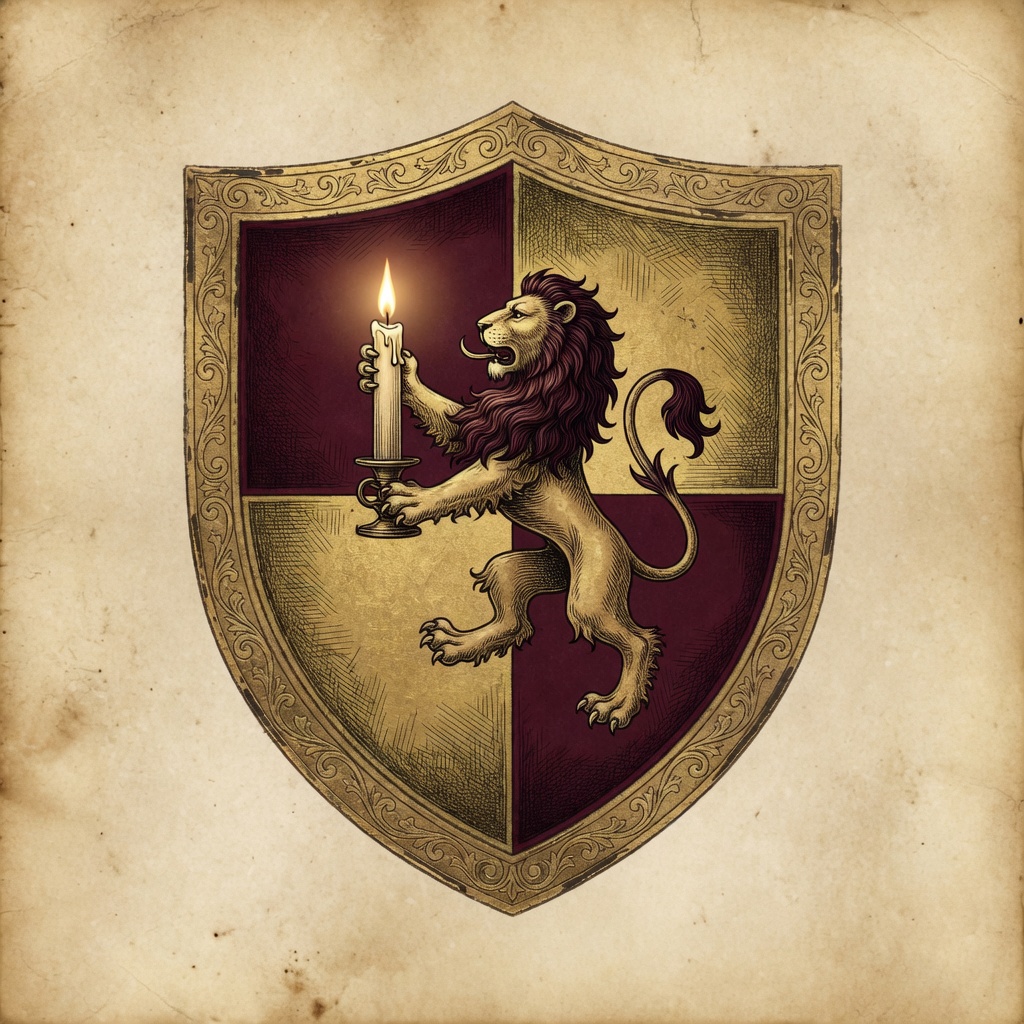 Heraldic crest: a lion rampant holding a lit candle on a burgundy and gold shield. Courage of the First Buy.