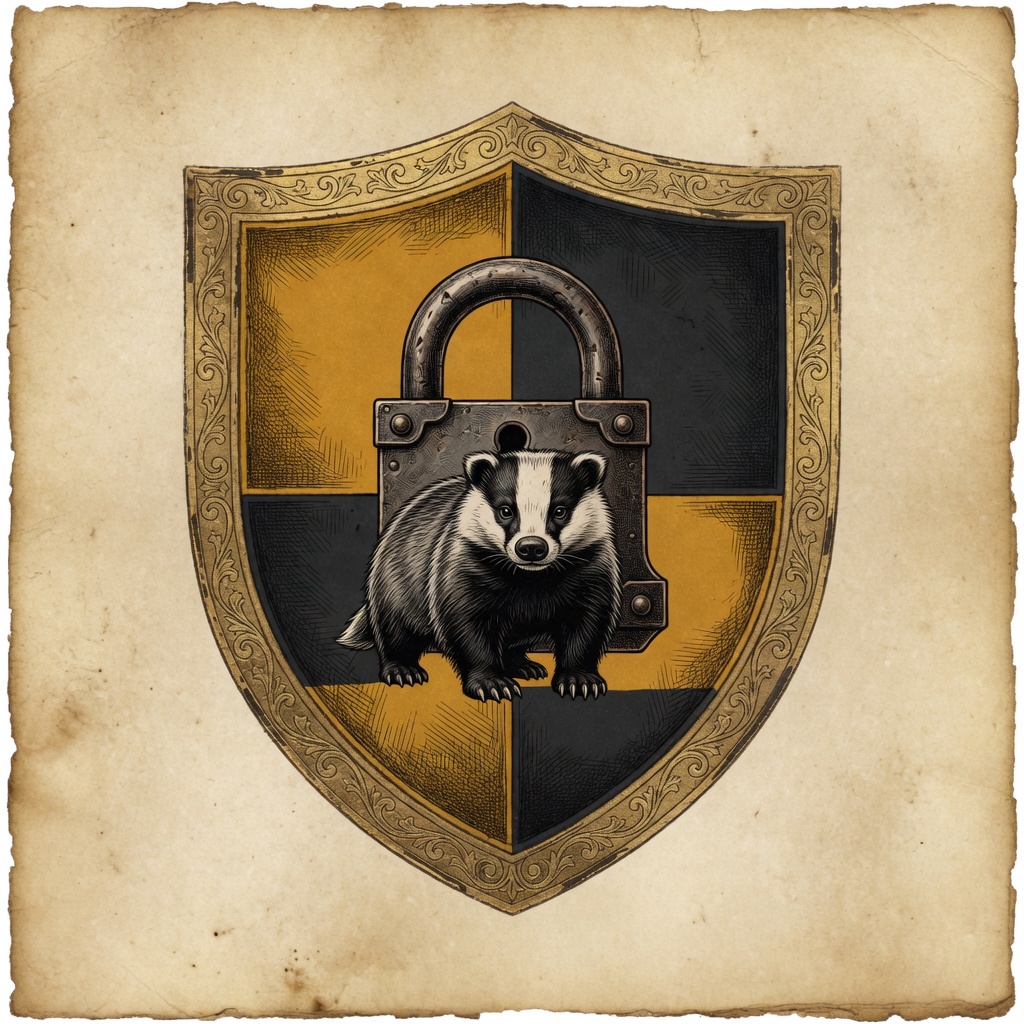 Heraldic crest: a badger before a heavy iron padlock on mustard and charcoal. Liquidity That Stays Locked.