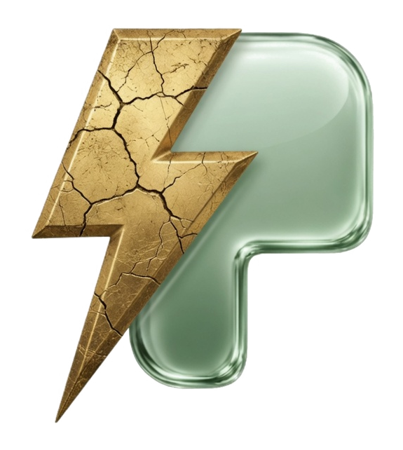 Official Pons glass P fused with a gold lightning-bolt scar as its left stem.