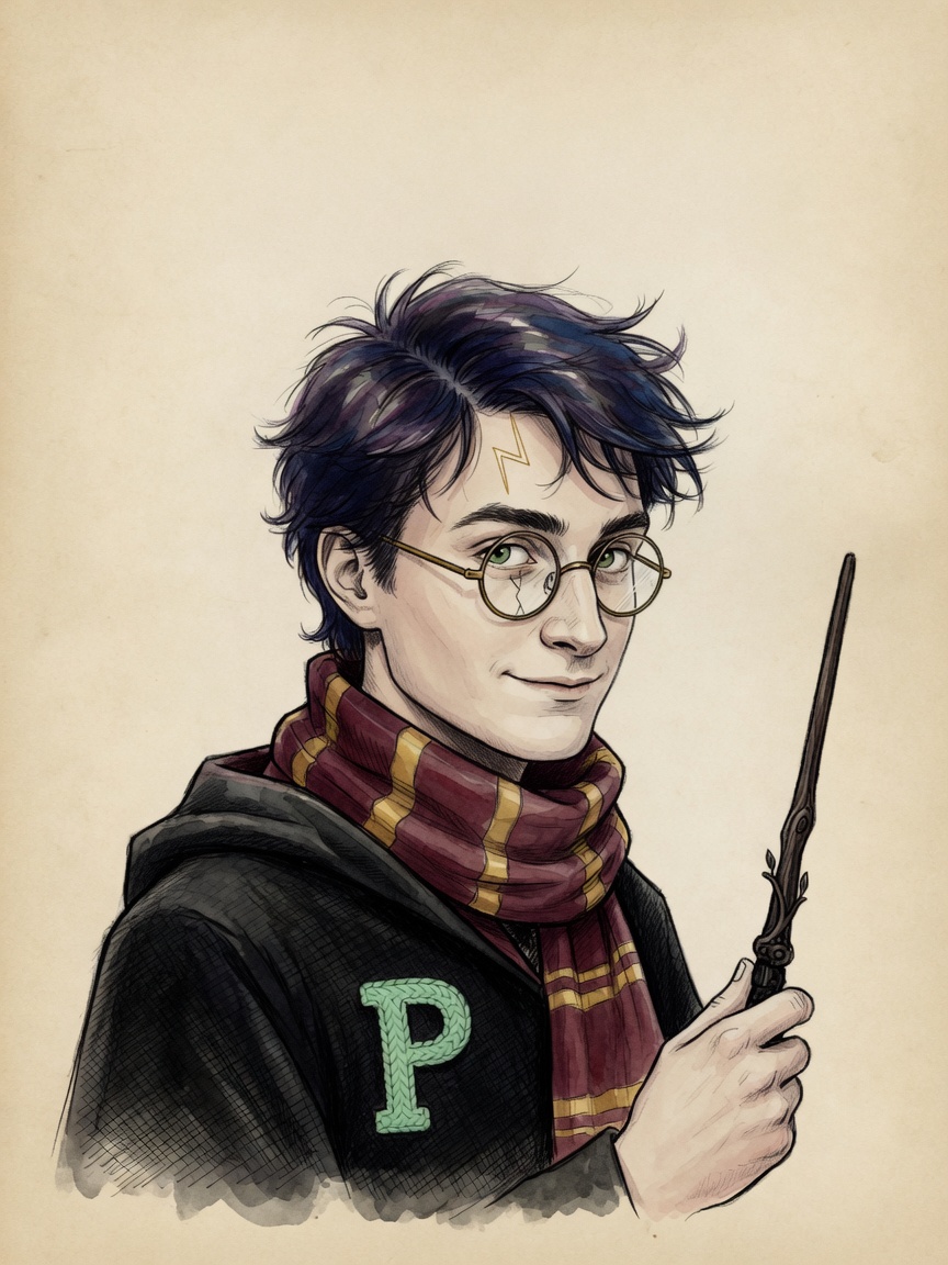Hand-drawn portrait of a young wizard in round glasses and a burgundy-and-gold striped scarf. Messy dark hair, a lightning-bolt scar on the forehead, a mint knitted P embroidered on the black cloak. He holds a wand.