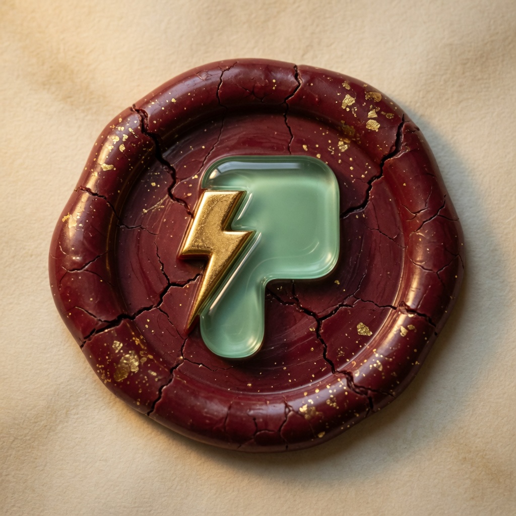 Dried-blood burgundy wax seal impressed with a Pons P and a gold lightning bolt. No contract address is present.